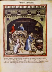 Léčte lék: „“ vaření střev a vnitřností zvířat“““. Stránka převzata z „“Tacuinum sanitatis““ (Cod. ser. nov. 2644) Kolem roku 1400 Vídeň, Osterreichische Nationalbibliothek