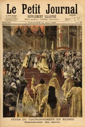 Car Nicholas II (1868-1918) v katedrále Nanebevzetí Panny Marie (Moskva) korunuje svou manželku Alexandru Fedorovnu (1872-1918). Rytina v „“ Le petit journal““ 31/05/1896. Selva sbírka.