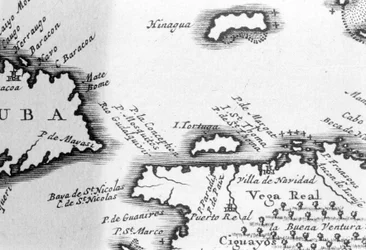 Želví ostrov a Santo Domingo z mapy ze 17. století od Pierra Vandiera.