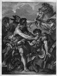 Dvanáct děl Herkula: Diomede zabíjí Herkulem a jí vlastní koně. rytina podle obrazu Jean-Baptiste-Marie (Jean Baptiste Marie) Peter. (1714-1789)