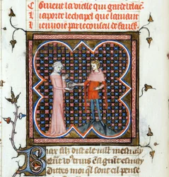 ""Mladý muž a stará žena"" Iluminovaná stránka z rukopisu ""Le Roman de la Rose"" Guillaume de Lorris (kolem 1200-1238) a Jean de Meun (Meung) (1240-1305) kolem 1353 Švýcarsko Ženevská knihovna