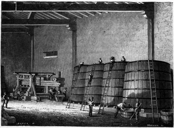 Kádě a lis používané ve vinných sklepech Burgundska Clos Vougeot Rytina z 19. století