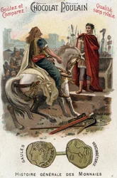 Vercingetorix (72-46 př. n. l.), vůdce galského povstání, skládá zbraně k nohám Caesara (100-44 př. n. l.) poté, co definitivně ztratil město Alesia - v „Obecných dějinách mincí“ - chromolitografie Chocolat-Poulain z konce 19. století - Soukromá sbírka