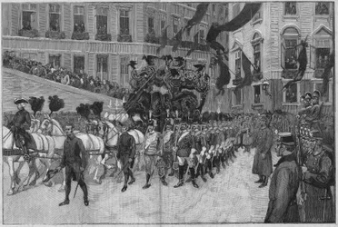 Vídeň 1889: Pohřeb prince Rudolfa (arcivévody Rudolfa Habsburského (1858-1889), korunního prince Rakouska). Průvod před francouzským velvyslanectvím.