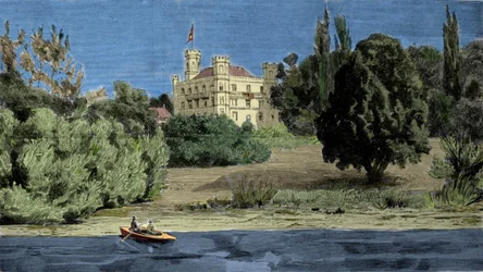 Pohled na hrad Berg a jezero Stamberg, kde bylo nalezeno tělo Ludvíka II z Baviere (Ludwig II von Bayern nebo Ludwig Otto Frederik Wilhelm von Wittelsbach (1845-1886)).