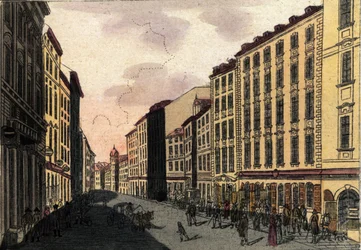 Pohled na ulici Kohlmarkt ve Vídni, Rakousko Rytina z roku 1820