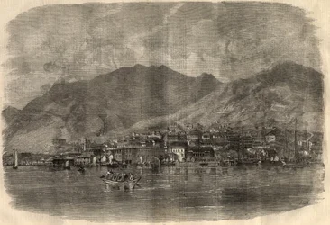 Pohled na Victoria City v Hong Kongu. Rytina do „“The Illustrated London News““ ze 14. března