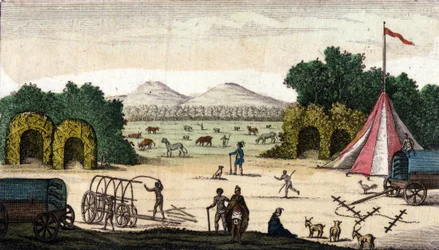 Pohled na holandský tábor (z Pioneers Boers nebo Voortrekkers, Afrikánci) v Pampoen Kraal (Pampoen-Kraal), Cape Province, Jižní Afrika. 1860