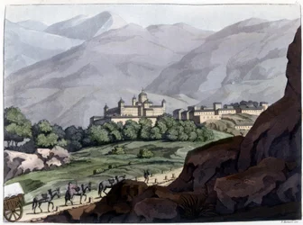 Pohled na Escorial (Escorial), palác a klášter Španělska, postavený za Filipa II v letech 1563 až 1584. Litografie z 19. století.