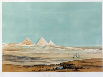 Pohled na pyramidy v Gíze (Gíza, Gíza, Gíza), Egypt. Ilustrace 19. století Paříž, vysoká škola Francie