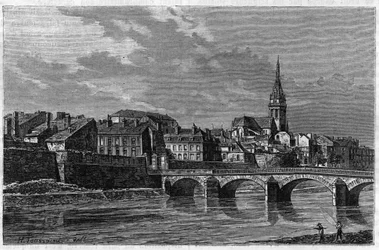 Pohled na město Mezieres na konci 19. století. Rytina v „“ le journal de la Jeunesse „“ z roku 1888.
