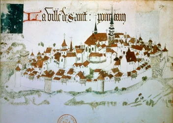 Pohled na město Saint Pourcain sur Sioule v Allier v Auvergne. Miniatura z rukopisu z 15. století. B.N. Paříž