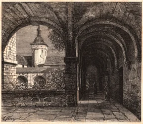 Pohled na klášter opatství Solesmes z galerie, Sarthe, Francie