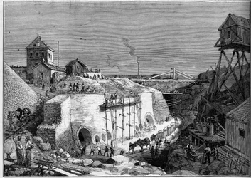 Pohled na staveniště nádrží na pitnou vodu ve Villejuif. Gravírování v „“ Le Monde Illustré““ č. 1300 z 25. února