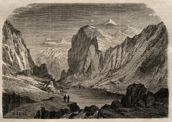 Pohled na zemi Davos ve Švýcarsku v 19. století – rytina v „“ Dictionnaire populaire llustrious“ – 1864 – od Josepha Decembra a Edmonda Alloniera –