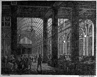 Pohled na galerii Orleans v Palais Royal de Paris v roce 1835.