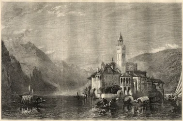 Pohled na klášter Mater Ecclesiae na ostrově Saint Jules (Saint Jules) (San Giulio) na jezeře Orta (jezero Cusio) v Itálii. Rytina podle obrazu Williama Collingwooda Smithe (1815-1887). V „The Illustrated London News“ z 22. března