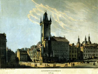 Pohled na starou pražskou radnici kolem roku 1860.