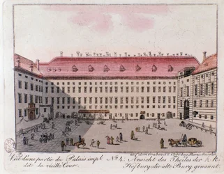 Pohled na část císařského paláce s názvem Starý dvůr ve Vídni. Rakousko. Rytina ze soukromé sbírky z roku 1815