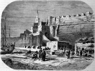 Pohled na přístav opevněného města Tanger a pobřeží, Maroko. Rytina z roku 1860.