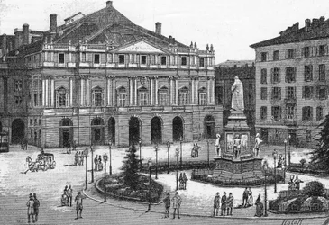 Pohled na divadlo La Scala v Miláně, Itálie. (Teatro alla Scala Milano) Rytina v „“The Illustrous World““