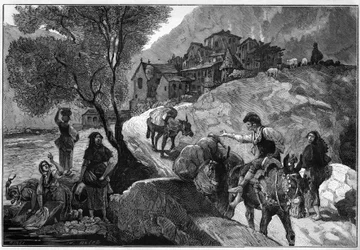 Pohled na vesnici Andorra la Vella (Andorra La Vella) Andorrské republiky a její obyvatele Andorry. Gravírování v „“Le Monde Illustré““