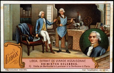 Návštěva Bertholleta v Lavoisier na pařížské Sorbonně - reklamní značka Libox. Chromolithogrpahie 19. století.