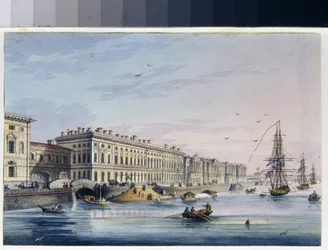 Pohled na nábřeží paláce v Petrohradu (Rusko). (Z alba Marie Taglioni). Anonymní dílo, rytina vylepšená akvarelem, kolem roku 1840. Umění 19. století, klasicismus. Státní muzeum A.S. Puškina, Moskva.