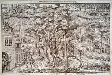 Náboženské války 1562-1598. Zavraždění Františka I. Lotrinského (1519-1563), druhého vévody de Guise, dne 18/02/1563. Jako katolický vůdce byl zabit kalvinistou Jeanem de Poltrot de Méré neboli Méreyem. Rytina ze 16. století. Paříž, Národní knihovna