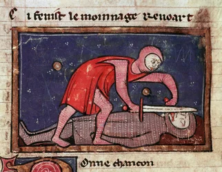 Vilém V. z Poitiers zvaný Veliký (960-1030) řeže jazyk svého nepřítele hraběte Bosona II z Marche (988-1008) v miniaturě 1008 převzaté z „Moinage of William““ (ms. 1025) Milán 13. století, Biblioteca Trivulziana