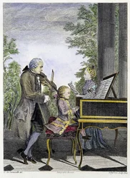 Wolfgang Amadeus Mozart jako dítě u klavíru, obklopený svým otcem Leopoldem hrajícím na housle a sestrou Marianne zpívající - rytina