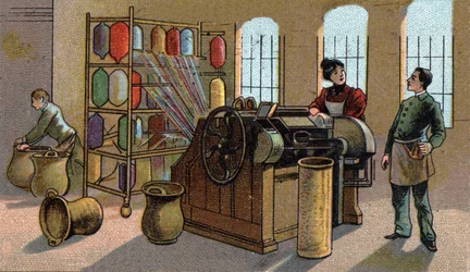 Průmysl vlny, česání. Chromolitografie konce 19. století