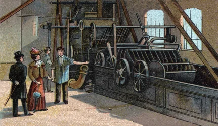 Vlněný průmysl: praní. Chromolitografie konce 19. století