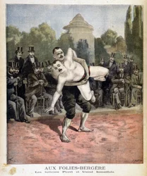 Zápasníci Pierri a Ussouf Ismaillolo v Folies Bergeres v Paříži. V Le petit journal, dne 31.3.1895.