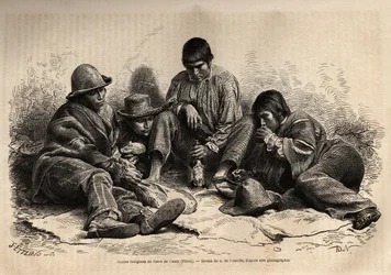 Mladí Indové z Cerro de Pasco (střední Peru) se scházejí na snídani. Rytina k ilustraci Les iles Chincha, rect L.Simonin, v roce 1860, publikovaná v „Le tour du monde, nouveau journal des voyages“, editoval Edouard Charton