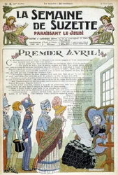 Mladí lidé na návštěvě u starší paní. Ilustrace na obálce novin "La semaine de Suzette" z března 1926.