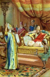 Zarathustra (Zarathustra, Zarathushtra, Zarathustra nebo Zoroastrian), íránský prorok a náboženský reformátor (6. století př. n. l.) na dvoře krále Bactres. chromolitograf 19. století.