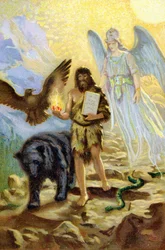 Zarathuštra (Zarathustra, Zarathushtra, Zarathustra nebo Zoroastra), veden archandělem a doprovázen zvířaty, která mu měla dělat společnost během ústraní na hoře, sestupuje mezi lidi, aby přinesl desky zákona přijaté od Ahura Mazdy