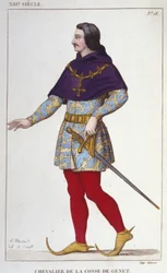 kostým rytíře z Cosse z Genetu. rytina z roku 1830