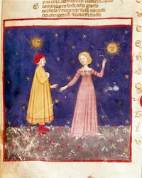 první nebe: Dante se v ráji setkává s Beatrice. Osvětlená stránka ilustrující píseň Paradise z „Divina Commedia“ od Dante Alighieriho (1265-1321). 14. století, Benátky, Biblioteca Marciana