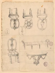 Kresba, židle a architektonické náčrty, kolem roku 1800