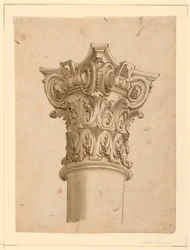 Kresba, rohový pohled na kompozitní kapitál, 1625-1650