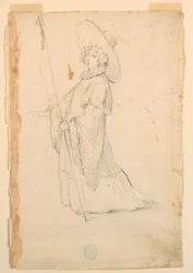 Kresba, kostýmní výprava: Dívka ve fantastickém oděvu pro balet, asi 1720