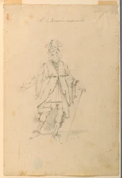 Kresba, kostýmní výprava: Muž ve fantastickém oděvu pro balet, asi 1720