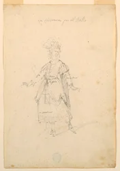 Kresba, kostýmní výprava: Zpěvačka pro balet, cca 1720