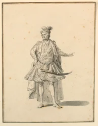 Kresba, kostýmní výprava: Perský princ, pro jevištní inscenaci, kterou navrhl Giuseppe Galli Bibiena, 1719