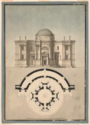 Kresba, Návrh klasicistního chrámu s templářem a půlkruhovou edikulou, asi 1780