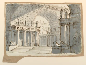 Kresba, scénický návrh, klenutá klasicistní budova, cca 1800