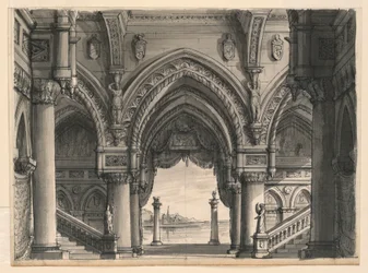 Kresba, scénografie, pohled z paláce v Benátkách, 1832
