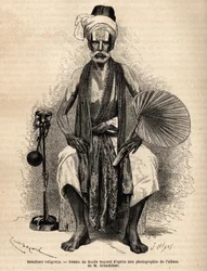 Hinduistický náboženský žebrák. Rytina k ilustraci plavby v poledních provinciích Indie od Alfreda Grandidiera v letech 1862-1864, publikovaná v „“Le tour du monde“““ 1869, editoval Edouard Charton, vydání Hachette, Paříž. Kolekce Selva.
